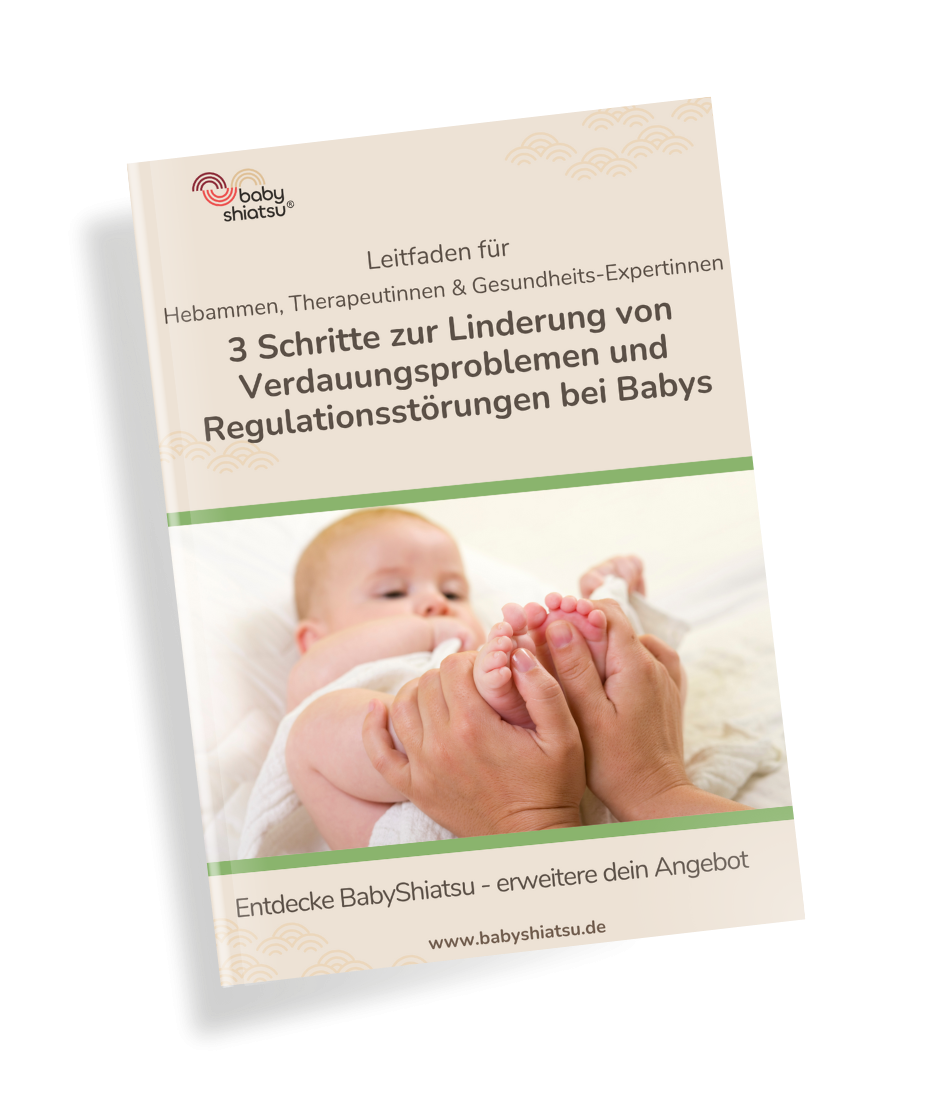 Ein Leitfaden zur Linderung von Verdauungsproblemen und Regulationsstörungen bei Babys durch drei Schritte, mit einem Foto eines Neugeborenen in liebevoller Handhaltung. Das Angebot ist Teil der BabyShiatsu-Ressourcen der aceki e.V.