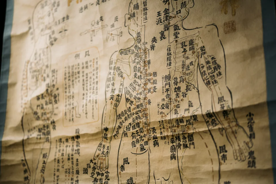 Historisches Dokument oder Diagramm mit östlichen Schriftzeichen zeigt ein menschliches Körpersystem mit beschrifteten Meridianlinien und Akupunkturpunkten. Das vergilbte, alte Papier enthält handschriftliche Notizen und Zeichnungen zur Darstellung der Energiebahnen im traditionellen Heilsystem.