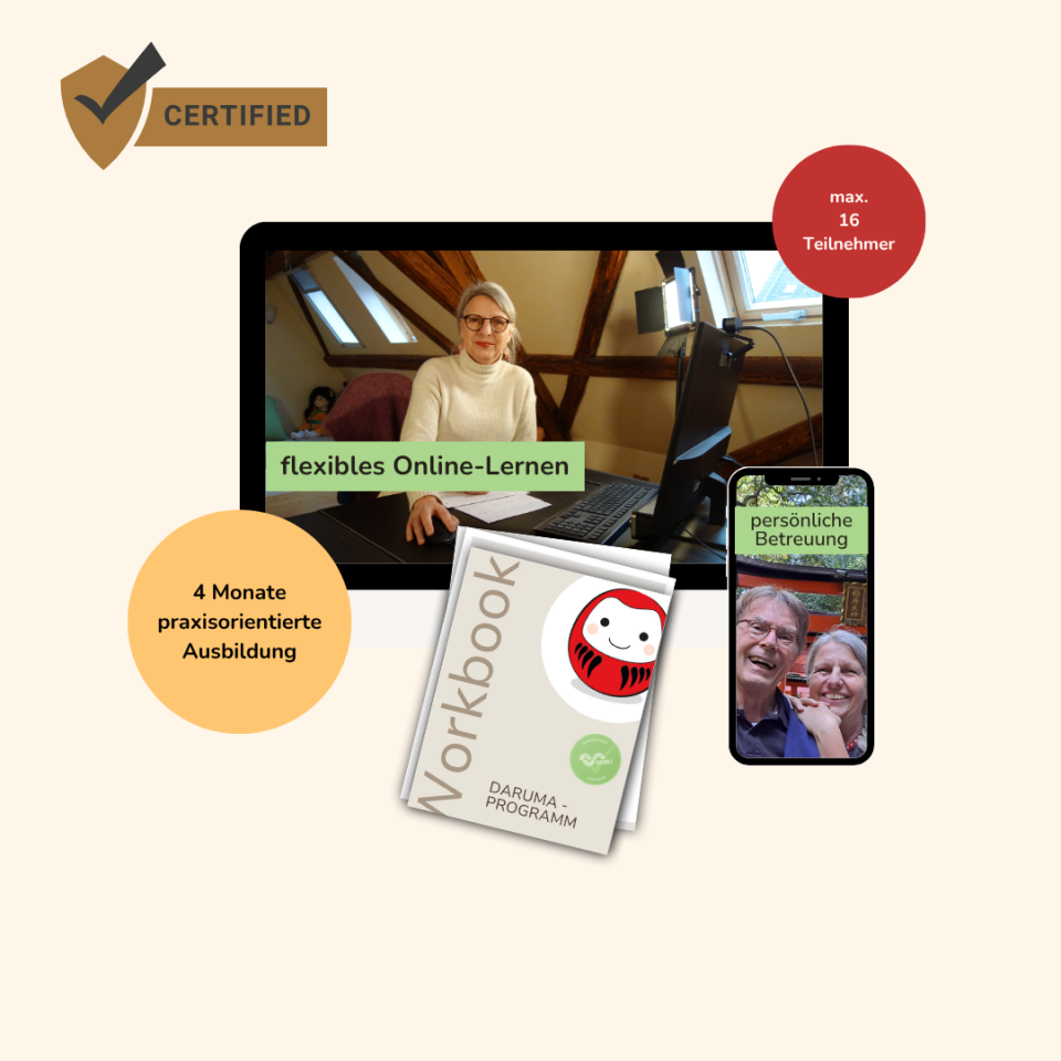 Zertifiziertes Ausbildungsprogramm mit flexiblem Online-Lernen, vier Monaten praxisorientierter Ausbildung, persönlicher Betreuung und maximal 16 Teilnehmern, präsentiert durch einen Trainer vor einem Laptop und das Daruma-Workbook.