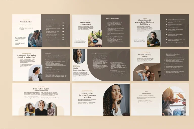Mockup einer Präsentation mit neun Folien aus dem Workbook „Der Elternbegleitungs-Kompass“ mit Fotos von Müttern und Kindern sowie Übungen und Checklisten zur Selbstreflexion.