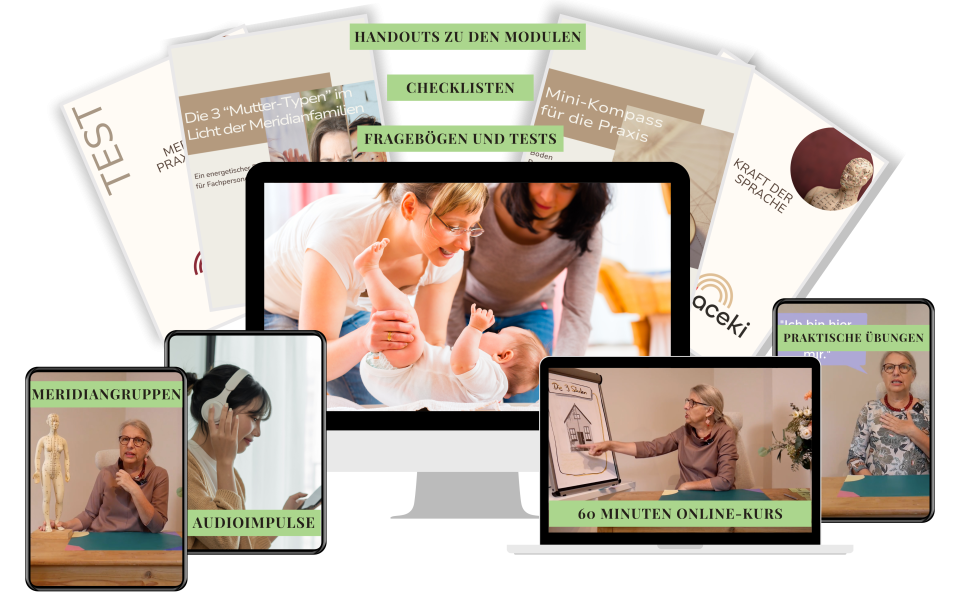 Digitale Kursangebote und Materialien für Mütter, darunter Handouts, Checklisten, Fragebögen, Audioinhalte, Mitgliedungsgruppen und Online-Kurse, präsentiert auf verschiedenen Geräten wie Laptop, Tablet und Smartphone.
