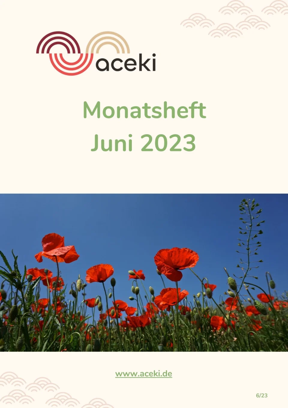 Cover des aceki e.V. Monatshefts Juni 2023 mit roten Mohnblüten auf blauem Himmelshintergrund und Webadresse www.aceki.de.