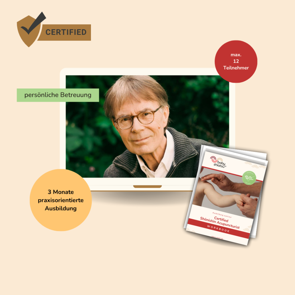 Ein älterer Mann mit Brille in einem Porträt, umgeben von Zertifizierungsabzeichen und Ausbildungsinformationen zur Shonishin-Methode, einschließlich 