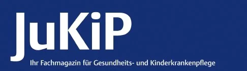 JuKiP Logo mit Schriftzug und Untertitel "Ihr Fachmagazin für Gesundheits- und Kinderkrankenpflege" auf dunkelblauem Hintergrund.