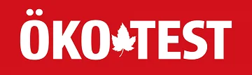 Ökotest-Logo auf rotem Hintergrund mit weißer Schrift und grünem Blatt-Symbol.